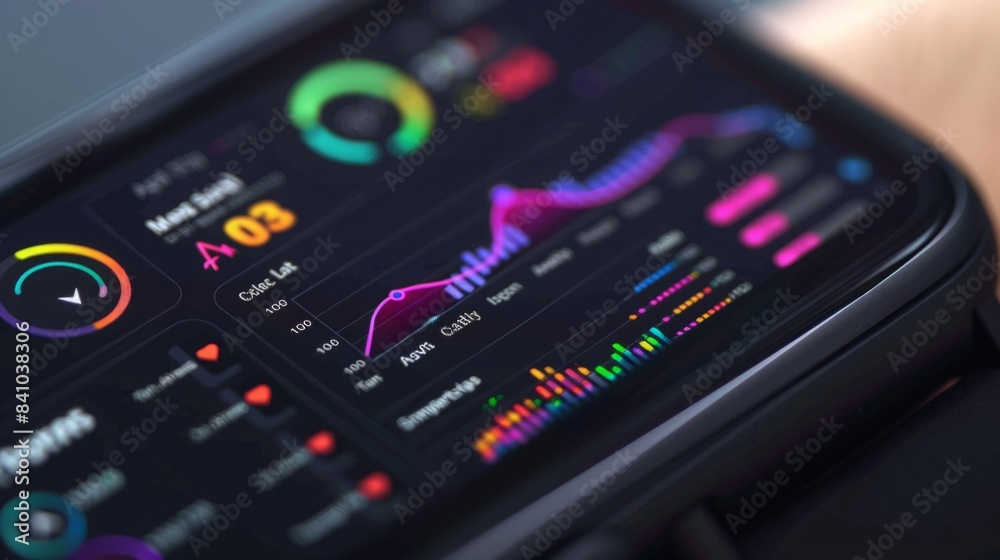 A close-up shot of a smartwatch displaying a colorful array of health data, including graphs, charts, and numerical readings. A close-up shot of a smartwatch displaying a colorful array of health data, including graphs, charts, and numerical readings.