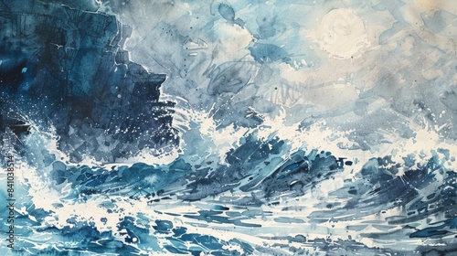Wallpaper Mural dramatic coastal cliff with crashing waves watercolor painting Torontodigital.ca