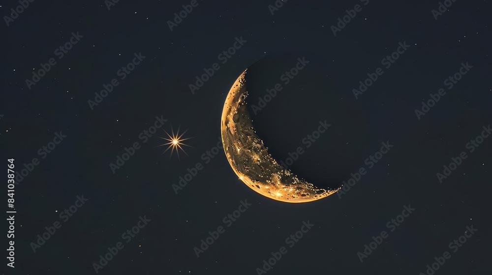 Artistic depiction of an illuminated crescent moon and star against a dark sky Artistic depiction of an illuminated crescent moon and star against a dark sky