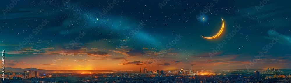Fototapeta premium Artistic depiction of an illuminated crescent moon and star against a dark sky
