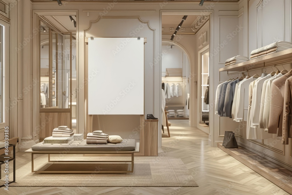 A chic clothing store with a mediumsized white blank mockup banner near the dressing rooms, emphasizing a clean and elegant design A chic clothing store with a mediumsized white blank mockup banner near the dressing rooms, emphasizing a clean and elegant design