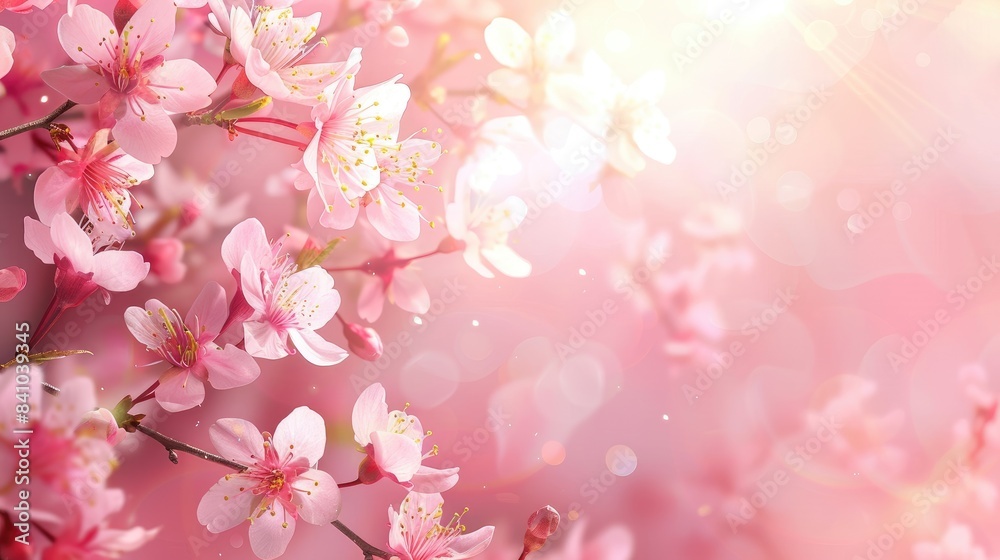 Pink Cherry Blossom Branch in Spring with Sunlight on Pink Background Pink Cherry Blossom Branch in Spring with Sunlight on Pink Background