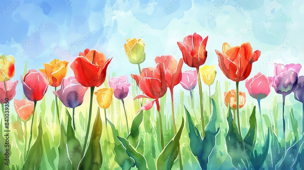 Fototapeta premium vibrant field of colorful tulips watercolor illustration