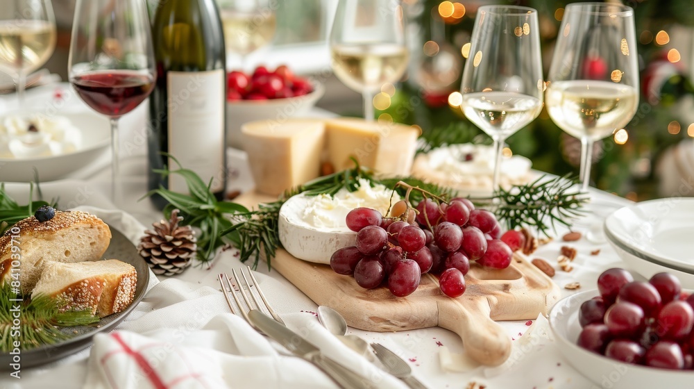 A table with a white tablecloth and a variety of food and wine A table with a white tablecloth and a variety of food and wine
