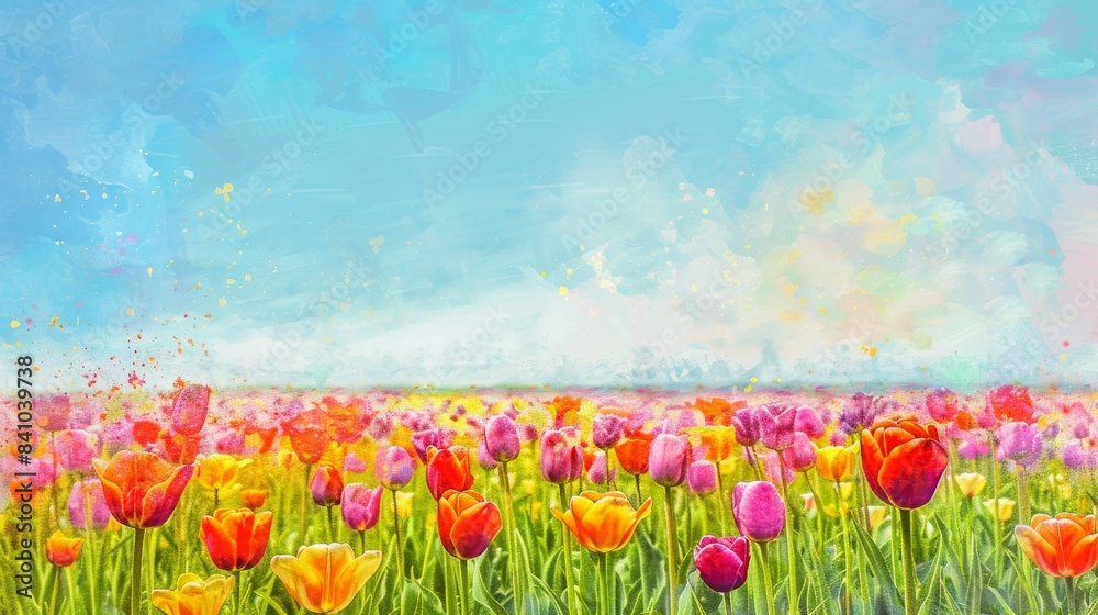 Obraz premium vibrant field of colorful tulips watercolor illustration