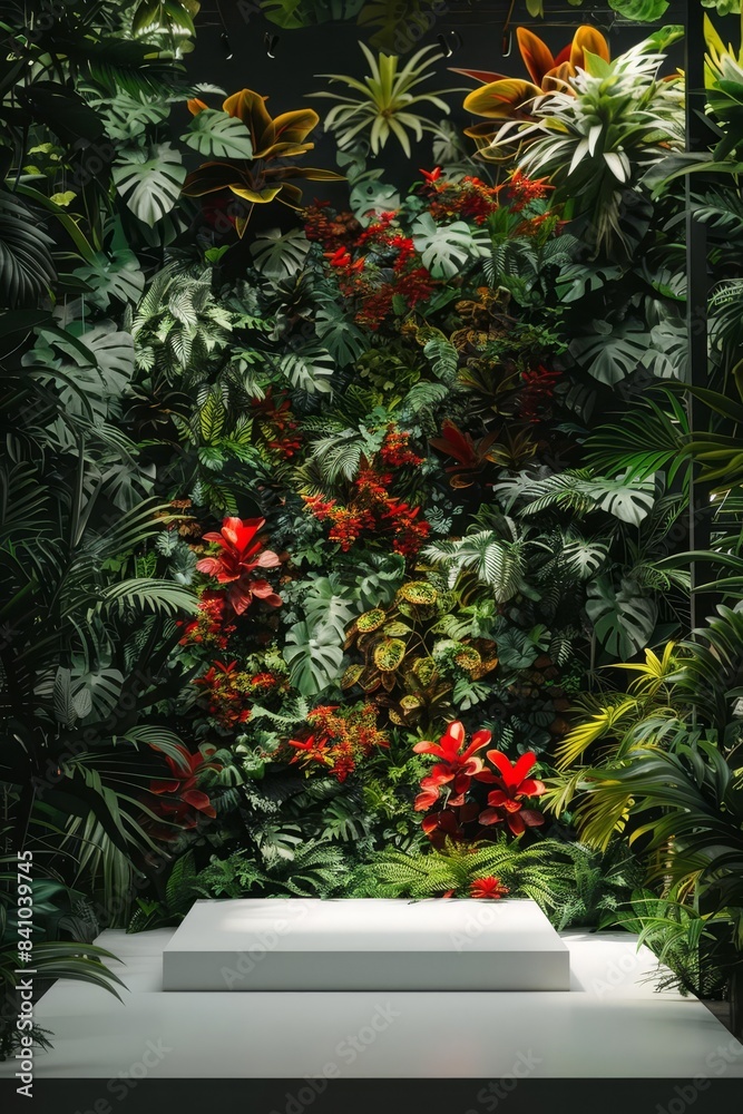 White platform with a botanical background and diffused natural light White platform with a botanical background and diffused natural light