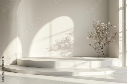 White platform with a curved, minimalist background and soft shadows