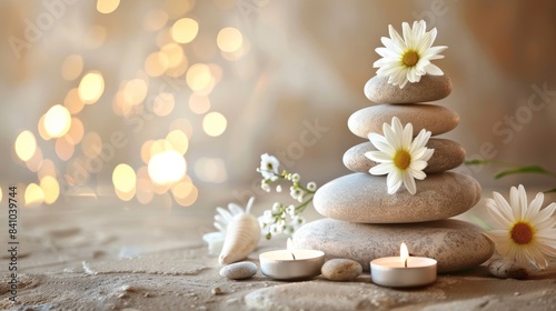 Zen garden elements for relaxation and meditation. Stacked smooth stones  flickering candle flame  and delicate white flower.