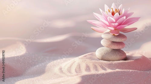 Zen spa concept  Serene stones  lotus flower  and velvet sand. Smooth basalt stones  delicate pink lotus flower.