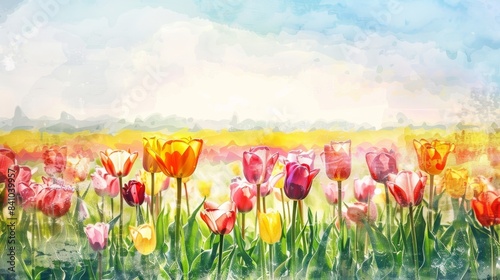vibrant field of colorful tulips watercolor illustration