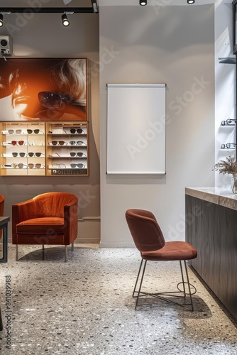 A stylish eyewear store with a small white blank mockup banner on a clean wall photo