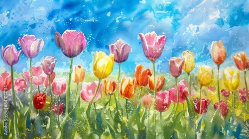 vibrant field of colorful tulips watercolor illustration #841040114