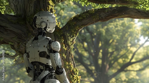 A robotic figure pauses beneath the canopy of a majestic tree, reflecting on the symbiotic relationship between mankind and the environment, Generative AI © Photochanu