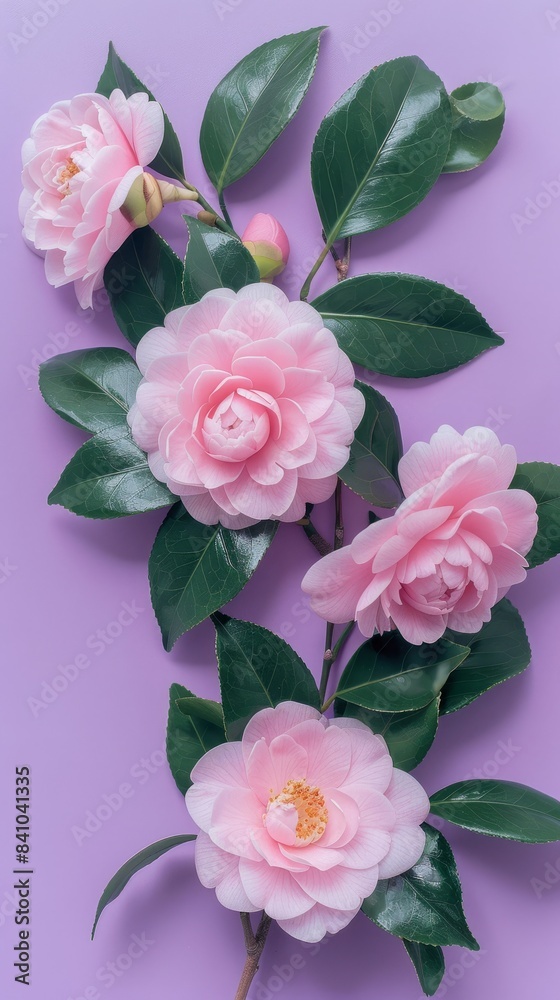 custom made wallpaper toronto digitalA close-up of pink camellia flowers with green leaves, arranged against a lavender background