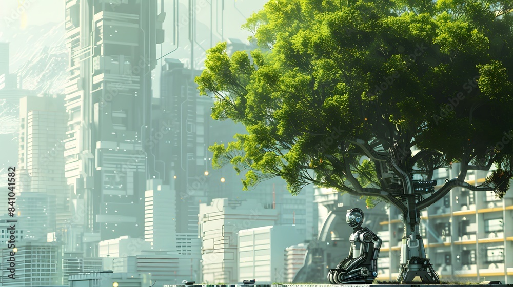 Within a bustling metropolis, a solitary tree stands as a reminder of the importance of green spaces in an increasingly urbanized world, with a robot observing nearby, Generative AI Within a bustling metropolis, a solitary tree stands as a reminder of the importance of green spaces in an increasingly urbanized world, with a robot observing nearby, Generative AI