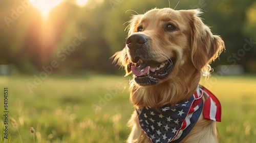 Golden Retriever Exuding Patriotic Pride in a Red White and Blue Bandana photo