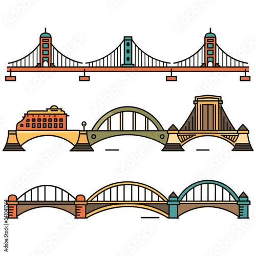 Three famous bridges drawn colorful, simplified style. Top bridge resembles Golden Gate, middle one resembles Sydney Harbour, bottom bridge suggests Londons Tower Bridge, features distinctive