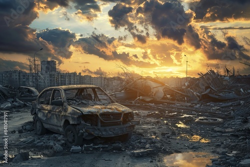 A haunting scene of a demolished urban area at sunset, featuring a burned-out car in the foreground and a destroyed cityscape stretching into the horizon under a dramatic sky, disaster photo