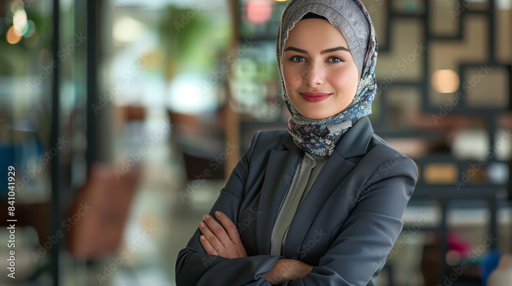 muslim businesswoman in hijab with headscarf standing proudly in modern office muslim businesswoman in hijab with headscarf standing proudly in modern office