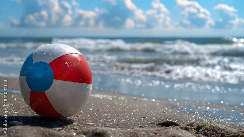 Summer Fun: Vibrant Red White and Blue Beach Ball on the Blurred Ocean Coast Summer Fun: Vibrant Red White and Blue Beach Ball on the Blurred Ocean Coast