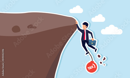 Salaryman income tax: government tax, debt, and fee obligations to pay, concept of Depressed businessman with briefcase, tied to heavy 'TAX' ball, near cliff edge