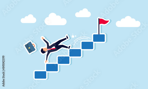 Business risk: mistakes, challenges, and accidents leading to bankruptcy, concept of Misfortune businessman falls down stairs amid economic crisis or career stumble
