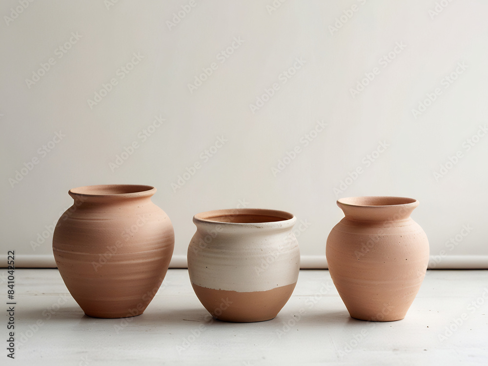 Group of empty clay pot standing on floor inside bright white studio background Group of empty clay pot standing on floor inside bright white studio background