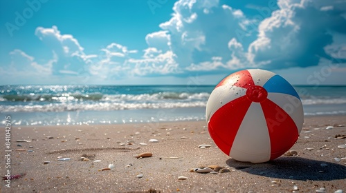 Summertime Beach Vacation  Vibrant Red  White  and Blue Beach Ball on the Blurred Ocean Horizon