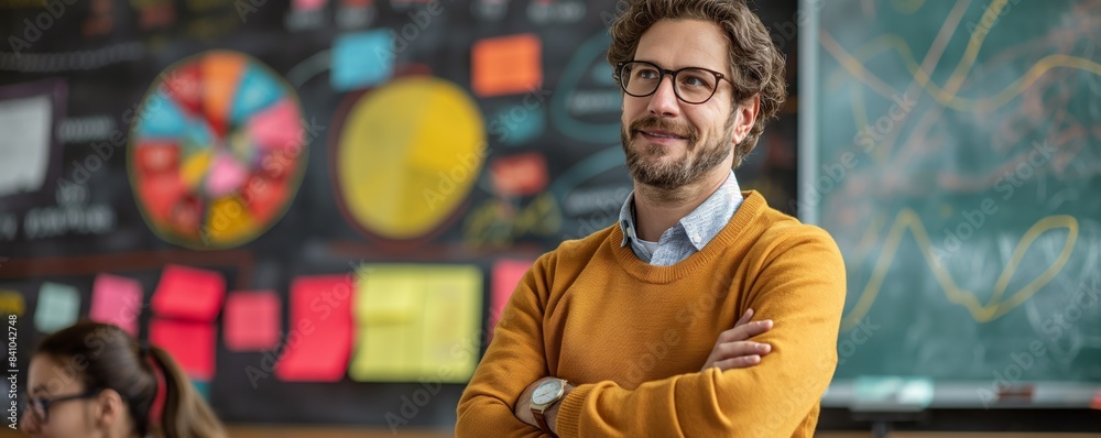 Man in yellow sweater in a workshop Man in yellow sweater in a workshop