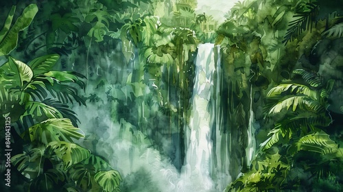 waterfall in a tropical rainforest watercolor illustration