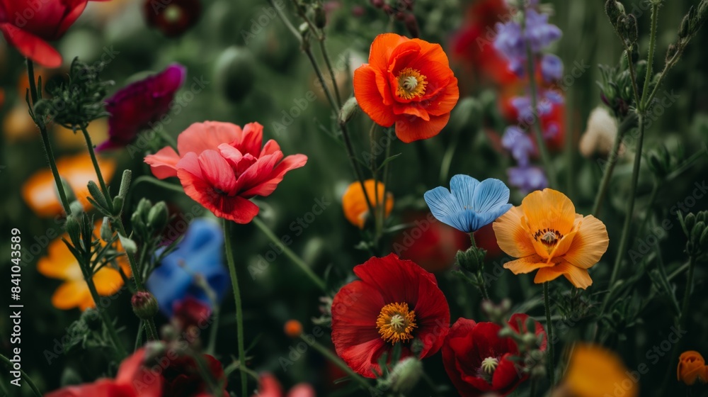 Vibrant red, orange, and blue flowers blooming in a summer garden. Vibrant red, orange, and blue flowers blooming in a summer garden.