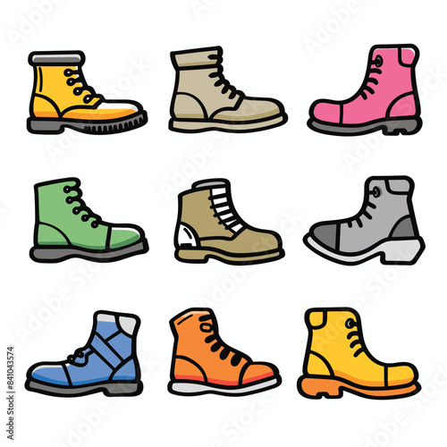 Collection various boots different colors styles. Boots designed flat vector style. Footwear includes work boots, casual boots, colorful boots