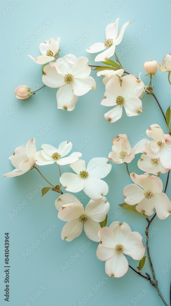 Fototapeta premium A close-up image of delicate white dogwood blossoms arranged on a light blue background