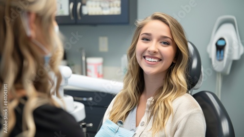 Happy smiling young woman showing beautiful teeth in dental room