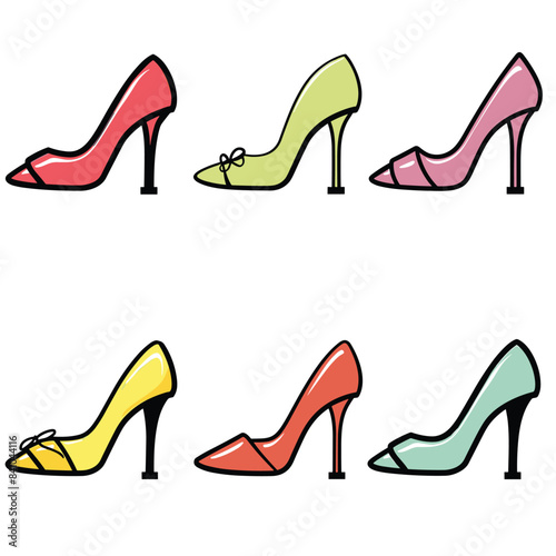 Collection stylish high heels fashion footwear designs. Elegant womens shoes various colors styles. Feminine heels, fashion illustration isolated white