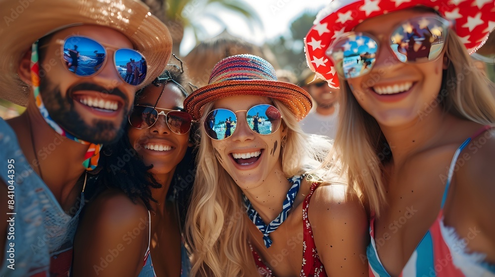 United in Patriotic Spirit: A Group of Friends Celebrating Freedom and Community with Festive Hats and Sunglasses United in Patriotic Spirit: A Group of Friends Celebrating Freedom and Community with Festive Hats and Sunglasses
