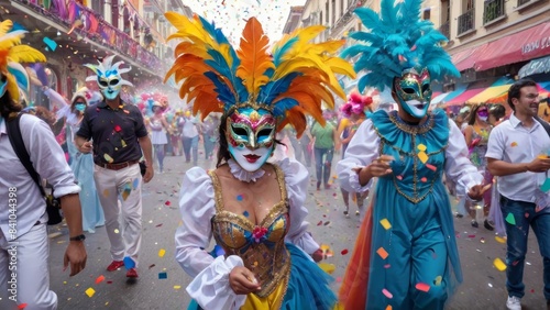 Dynamic Carnival Procession with Masked Revelers and Confetti