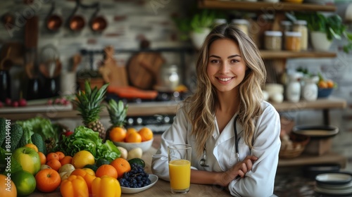 attractive nutritionist in white medical clothes smiling sitting at modern medical office with fruits and vegetables, glass of orange juice © Алина Бузунова