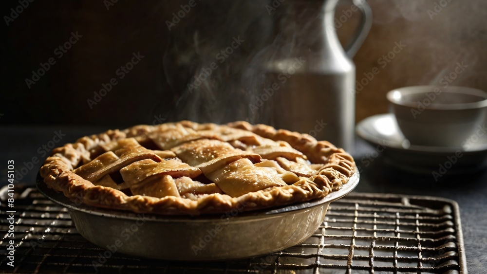 A lattice-topped apple pie fresh from the oven, steam rising from the golden crust A lattice-topped apple pie fresh from the oven, steam rising from the golden crust
