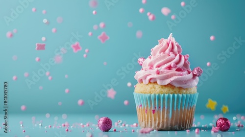 Tasty cupcake topped with pink frosting and decorations against a blue backdrop Celebrating a gender reveal event