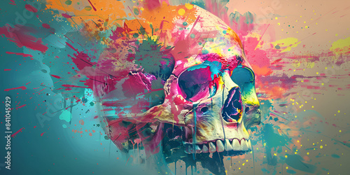 vibrant and colorful digital artwork featuring a skull with a cityscape in the background, and it's filled with splashes of bright colors