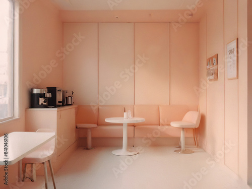 A minimalist coffee shop with tropical foliage decorating the cafe interior. Cafe with a pink background.