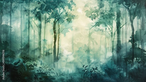 rainforest with towering trees and lush watercolor art © fledermausstudio