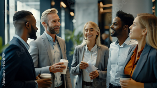 A diverse group of professionals with diversity in age gender and background, socializing, having light moment in the office, team building, talking and connecting in office, socializing in office
