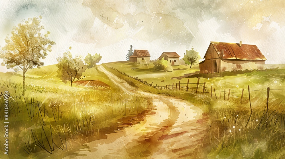 Fototapeta premium countryside dirt road and old farmhouses watercolor art