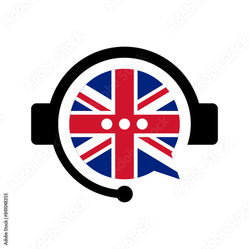 learn english language vector icon, foreign languages translation symbol, headset with united kingdom flag