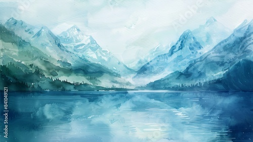 alpine lake surrounded by snow mountains watercolor painting © fledermausstudio