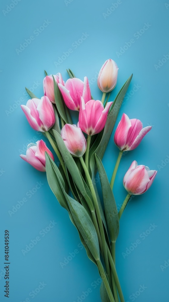 A bouquet of pink tulips on a blue background A bouquet of pink tulips on a blue background