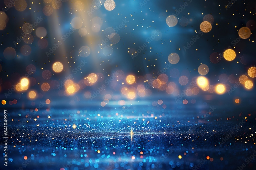 Abstract Blue background with bokeh lights and glitter, shining golden ...