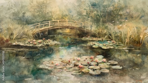 pond with water lilies and a wooden bridge watercolor painting